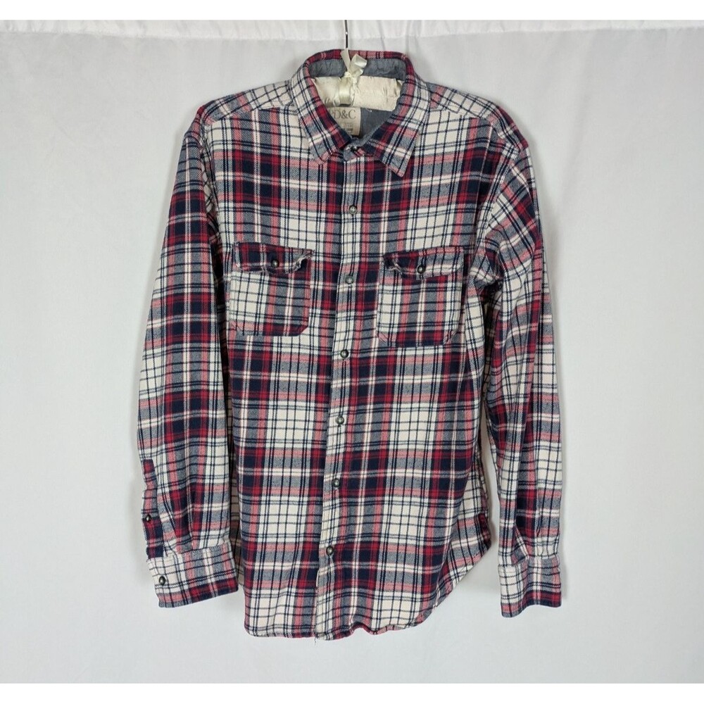 PD&C Button Down L Men's White Plaid Long Sleeve Flannel Cotton Classic